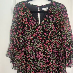 Calvin Klein Size 14 pink floral dress with bell sleeves